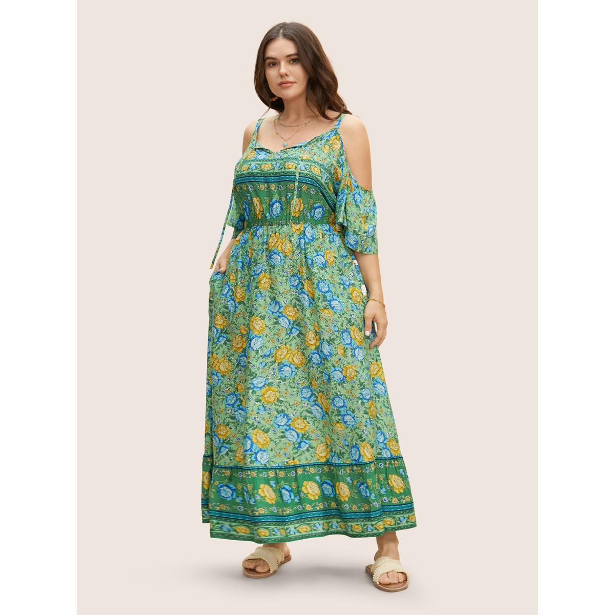 Plus Size Floral Print Pocket Keyhole Ruffles Cold Shoulder Maxi Dress Malachitegreen Women Resort Non Non Half Sleeve Curvy Long Dress BloomChic 10/M Product Image
