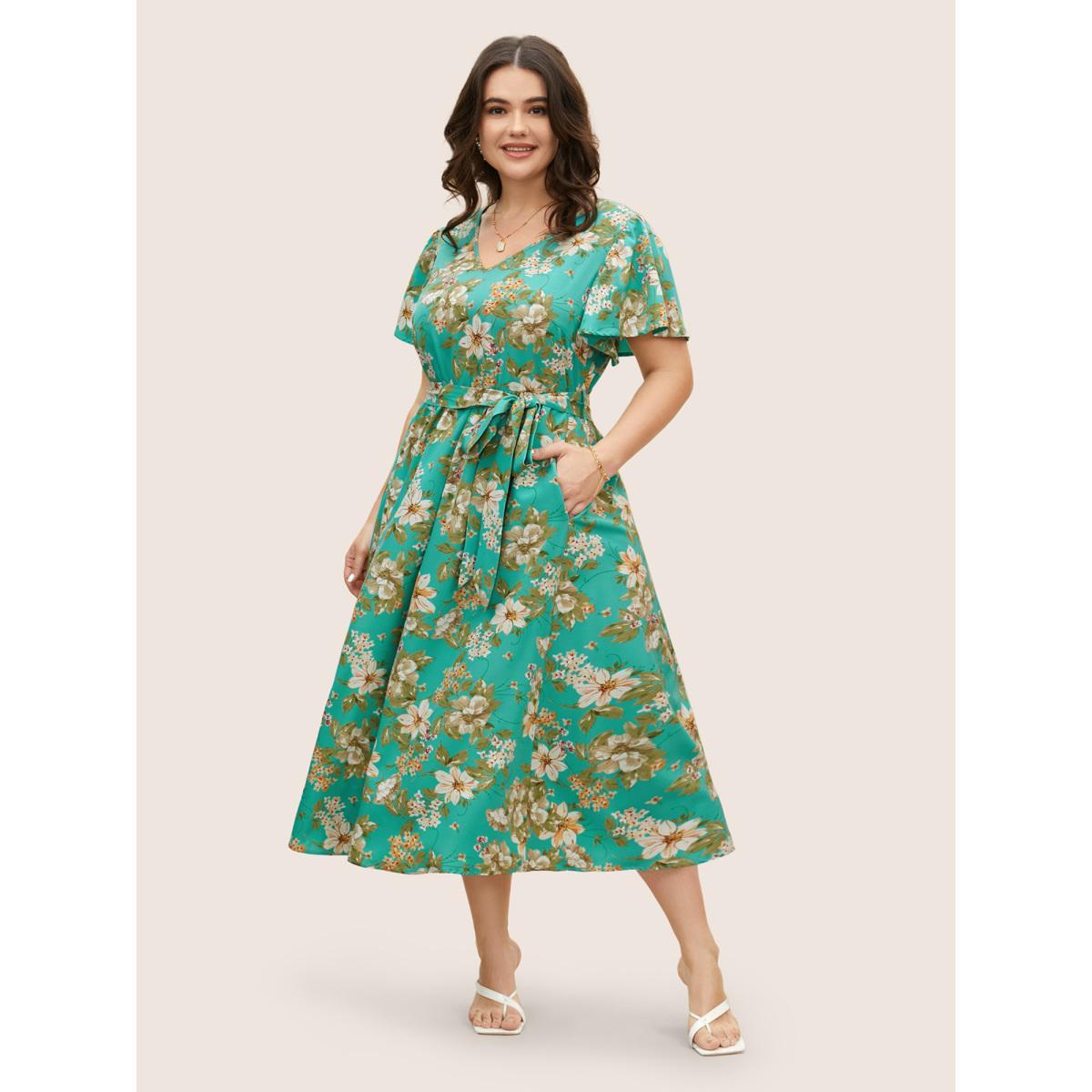 Plus Size V Neck Floral Belt Flutter Sleeve Dress Malachitegreen Women Elegant Gathered V-neck Short sleeve Curvy BloomChic 18-20/2X Product Image