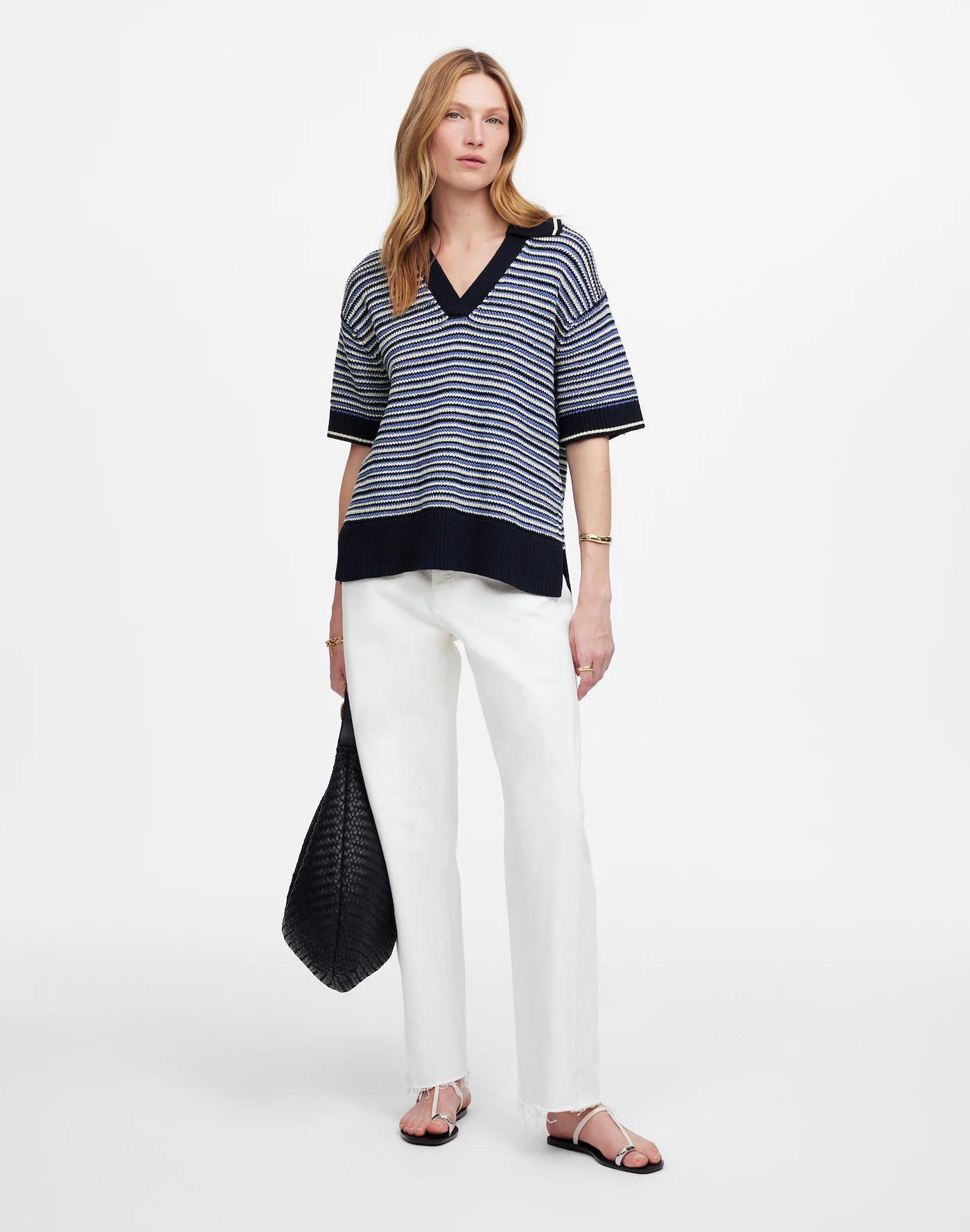 Striped Johnny-Collar Sweater Tee Product Image