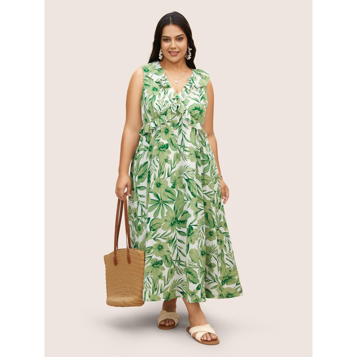Plus Size Tropical Leafy Print Wide Collar Ruffles Dress Green Women Resort Ruffles V-neck Sleeveless Curvy BloomChic 28/5X Product Image