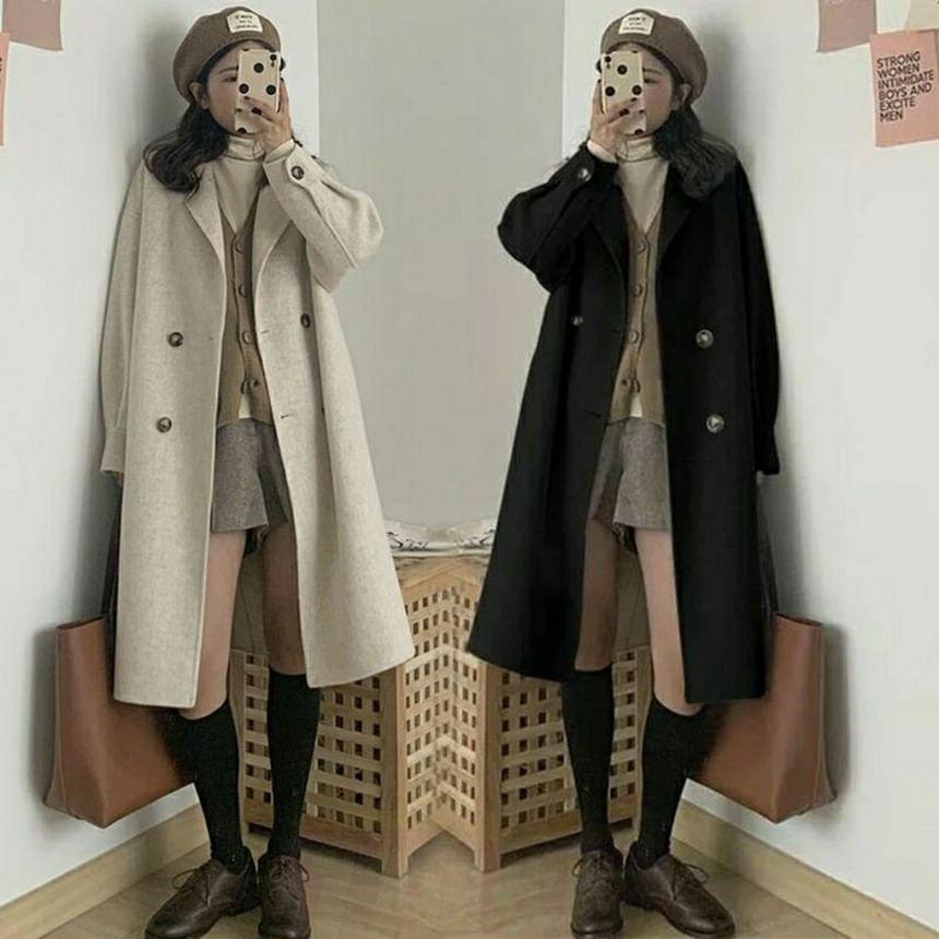 Lapel Collared Double Breasted Long Coat Product Image