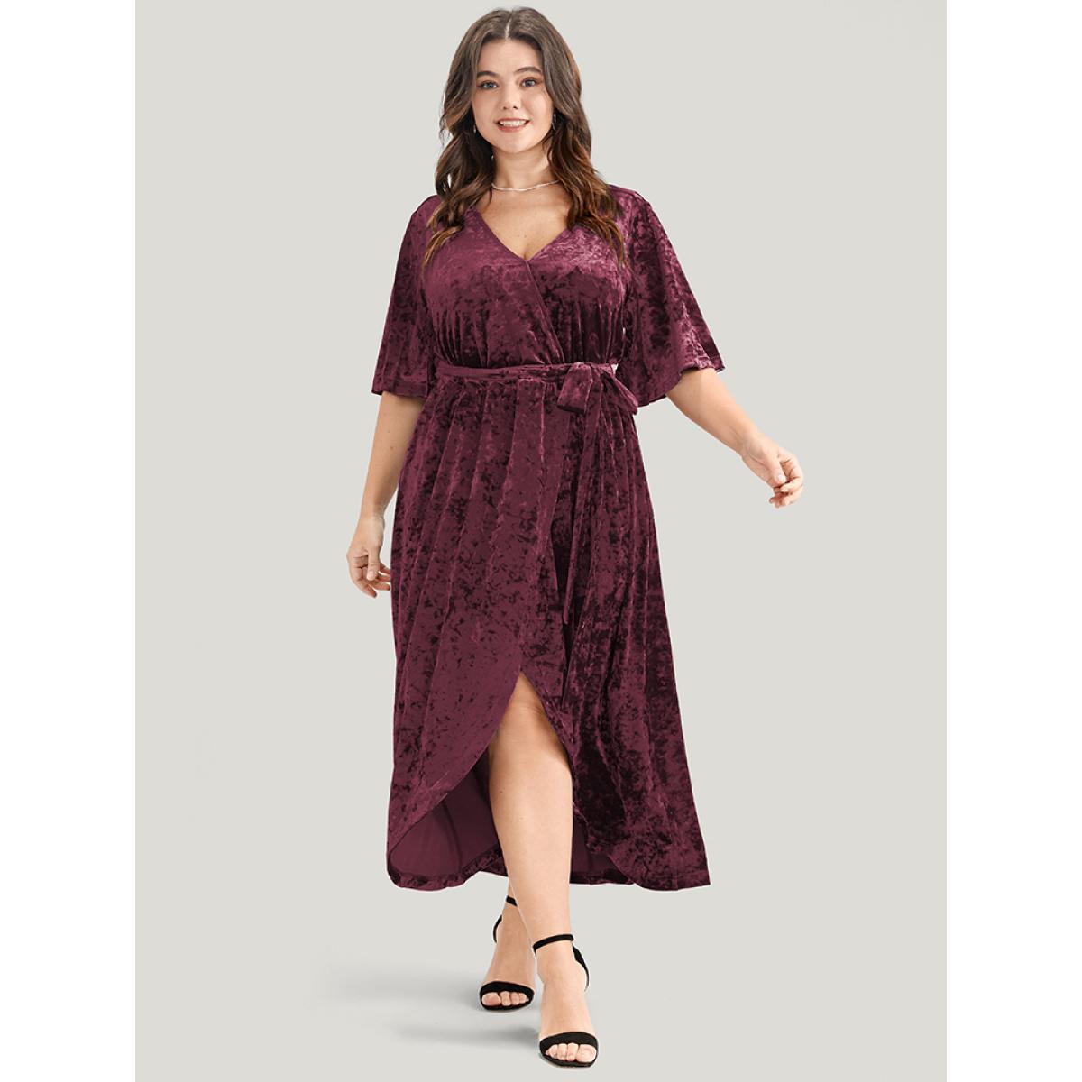 Plus Size Solid Wrap Pocket Asymmetrical Hem Belted Velvet Dress Burgundy Women Party Wrap V-neck Half Sleeve Curvy Midi Dress BloomChic 14-16/1X Product Image