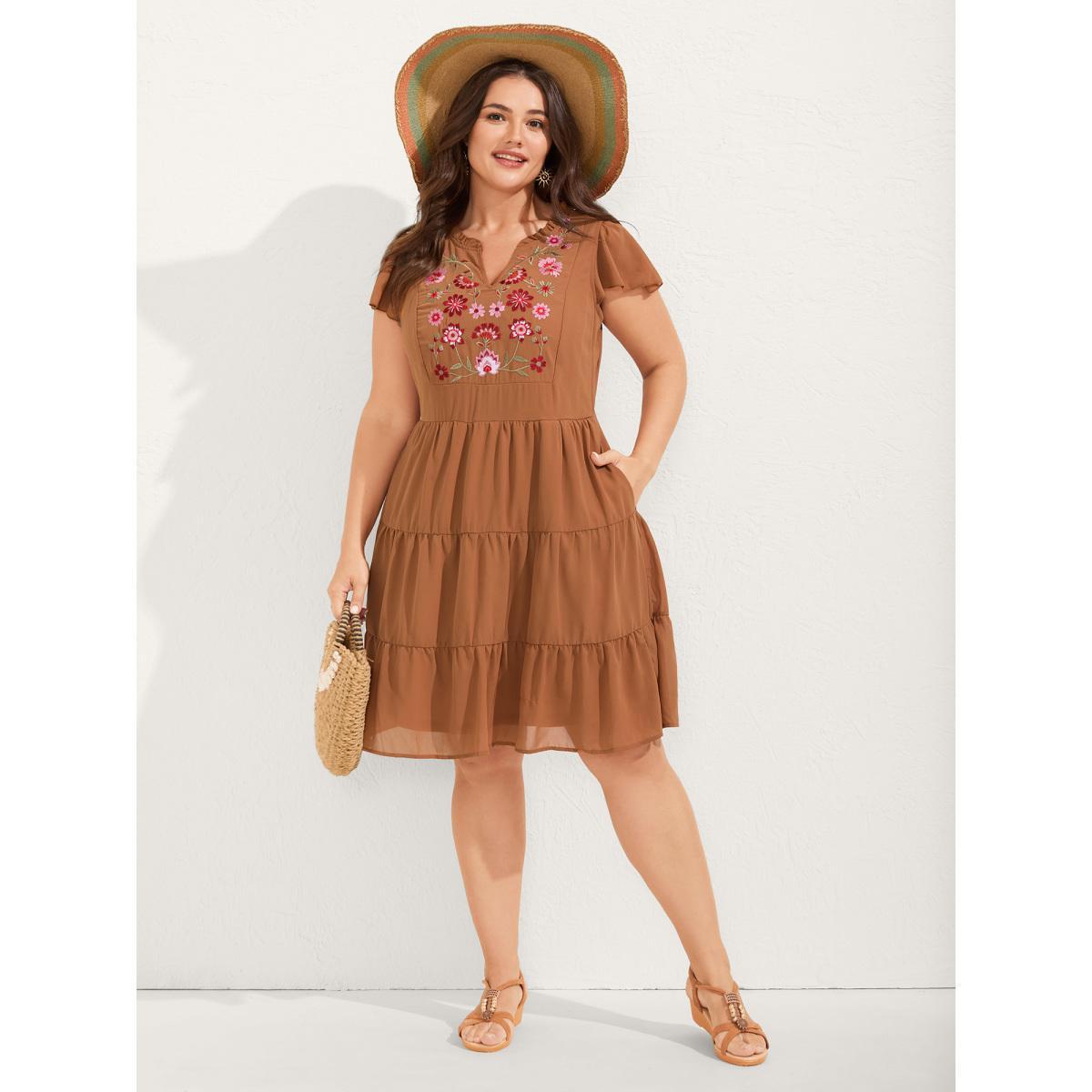 Plus Size Chiffon Floral Embroidered Tiered Midi Dress Bronze Women Embroidered Notched collar Cap Sleeve Curvy BloomChic 12/L Product Image