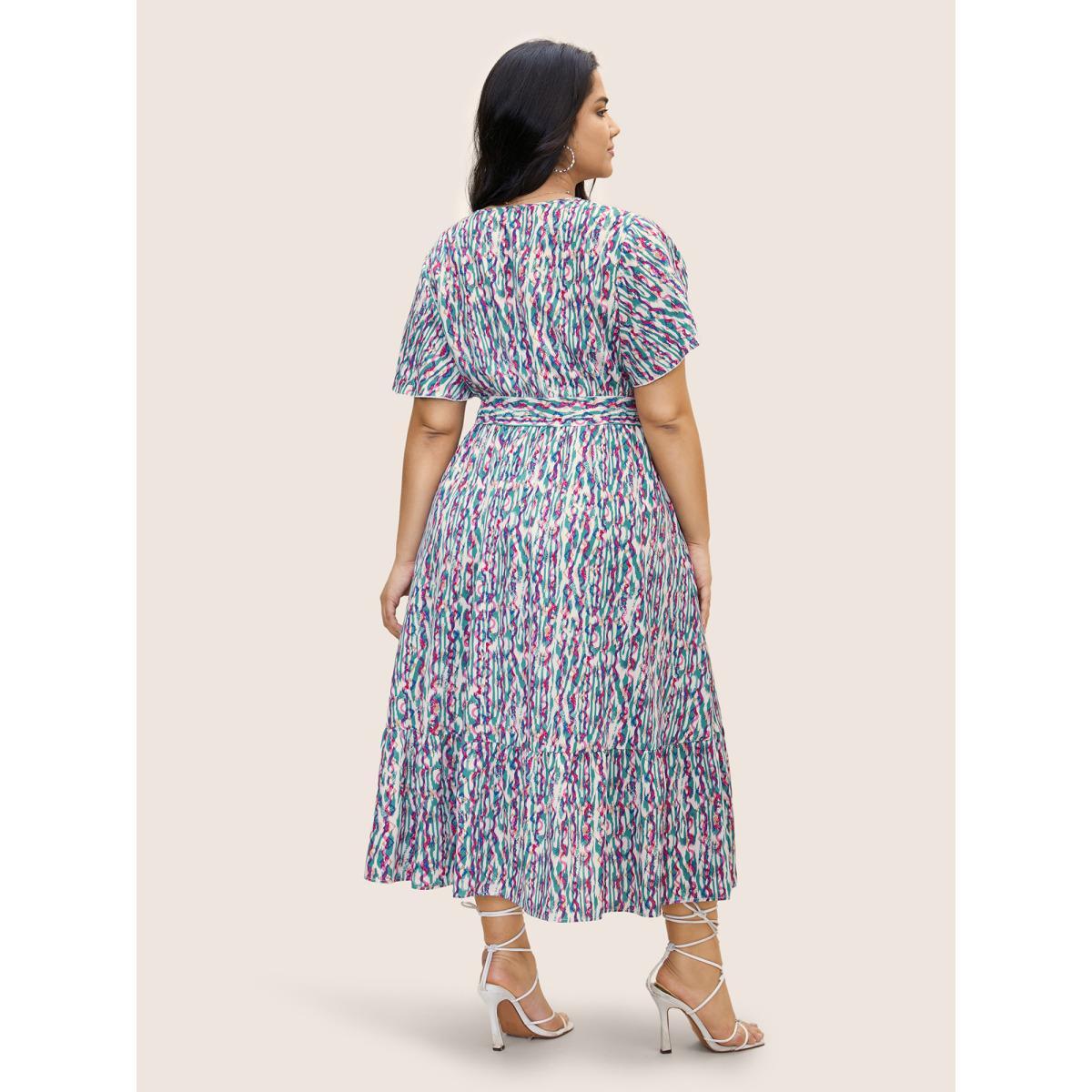 Plus Size V Neck Striped Belted Petal Sleeve Dress Turquoise Women Resort Belted V-neck Short sleeve Curvy BloomChic 28/5X Product Image