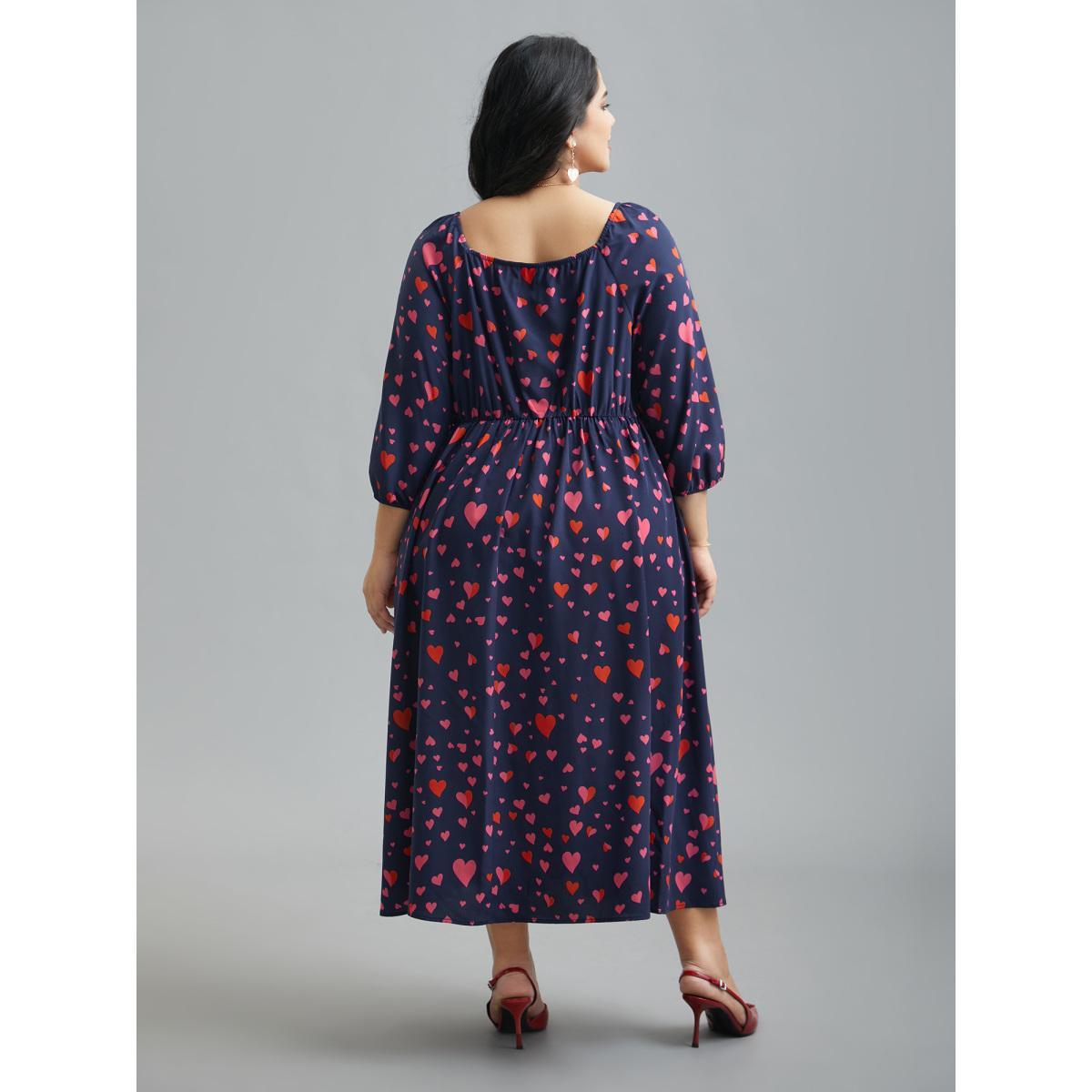 Plus Size Hearts Print Contrast Webbing Pocket Dress Navy Women Elegant Woven ribbon&lace trim Heart neckline Elbow-length sleeve Curvy BloomChic 30/6X Product Image