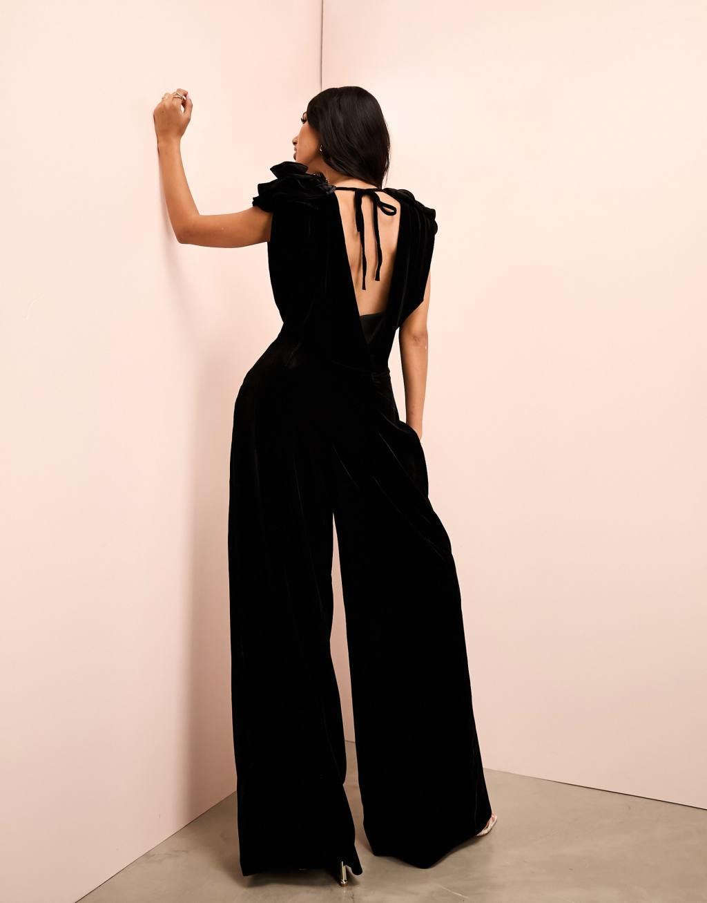ASOS LUXE velvet corsage cowl neck wide leg jumpsuit Product Image