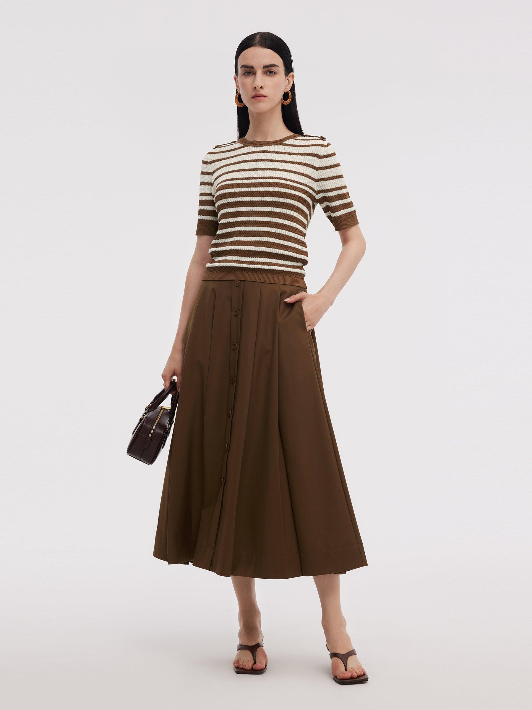 Stripe Knit Top And A-Line Skirt Two-Piece Set Product Image