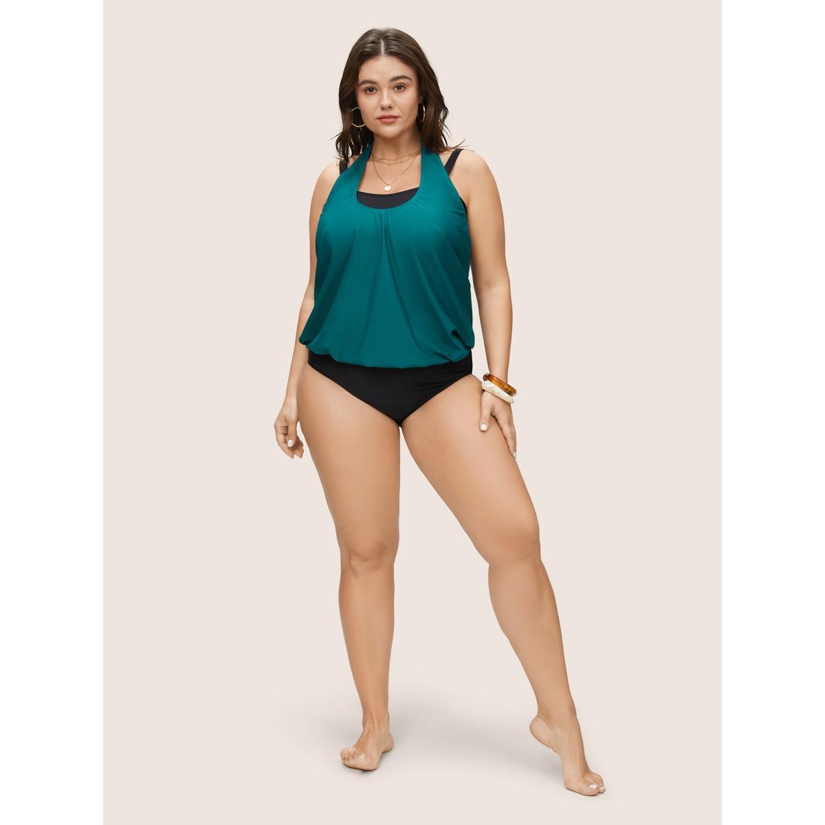 Plus Size Contrast Halter Bowknot Patchwork One Piece Swimsuit Women's Swimwear Teal Beach Non Curve Bathing Suits High stretch One Pieces BloomChic 10/M Product Image