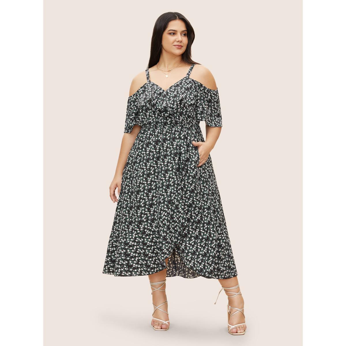 Plus Size Ditsy Floral Pocket Wrap Cold Shoulder Ruffle Dress Black Women Elegant Non Overlap Collar Short sleeve Curvy Midi Dress BloomChic 10/M Product Image