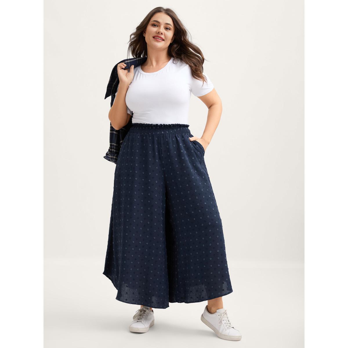 Plus Size Textured Polka Dots Irregular Wide-Leg Pants Women Indigo Loose Mid Rise Everyday-Elegant Pants BloomChic 18-20/2X Product Image