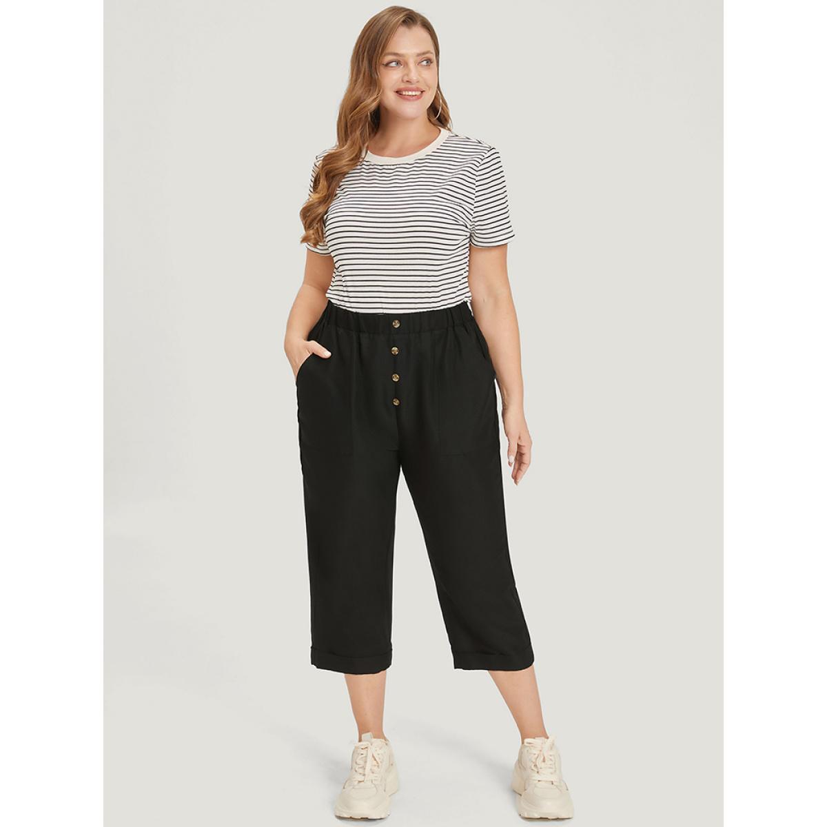 Plus Size Solid Pocket Button Detail Elastic Waist Pants Women Black Casual High Rise Dailywear Pants BloomChic 30/6X Product Image