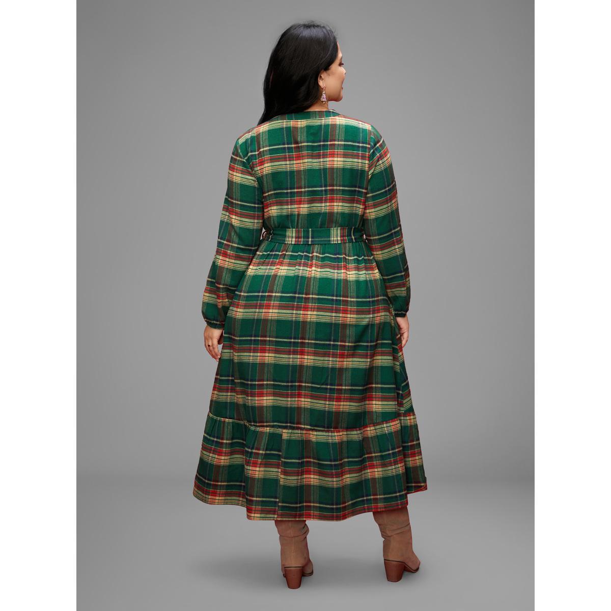 Plus Size Festive Notched Collar Plaid Dress Truegreen Women Elegant Belted Flat collar with V-notch Long Sleeve Curvy BloomChic 22-24/3X Product Image