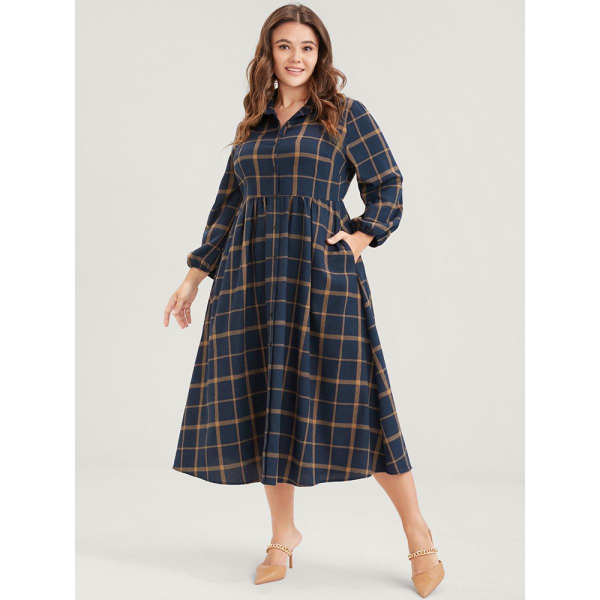 Plus Size Plaid Button Up Pocket Shirt Collar Flutter Hem Dress Without Belt DarkBlue Women Office Slit Shirt collar Long Sleeve Curvy Midi Dress BloomChic 28/5X Product Image