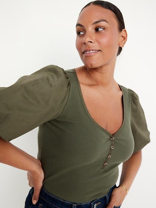 Puff-Sleeve Mixed Fabric Top Product Image
