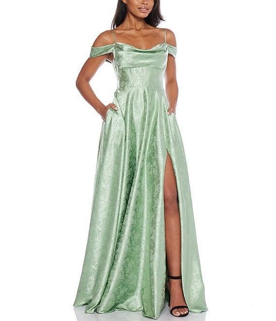 B. Darlin Off-The-Shoulder Spaghetti Strap Floral Printed Long Dress Product Image