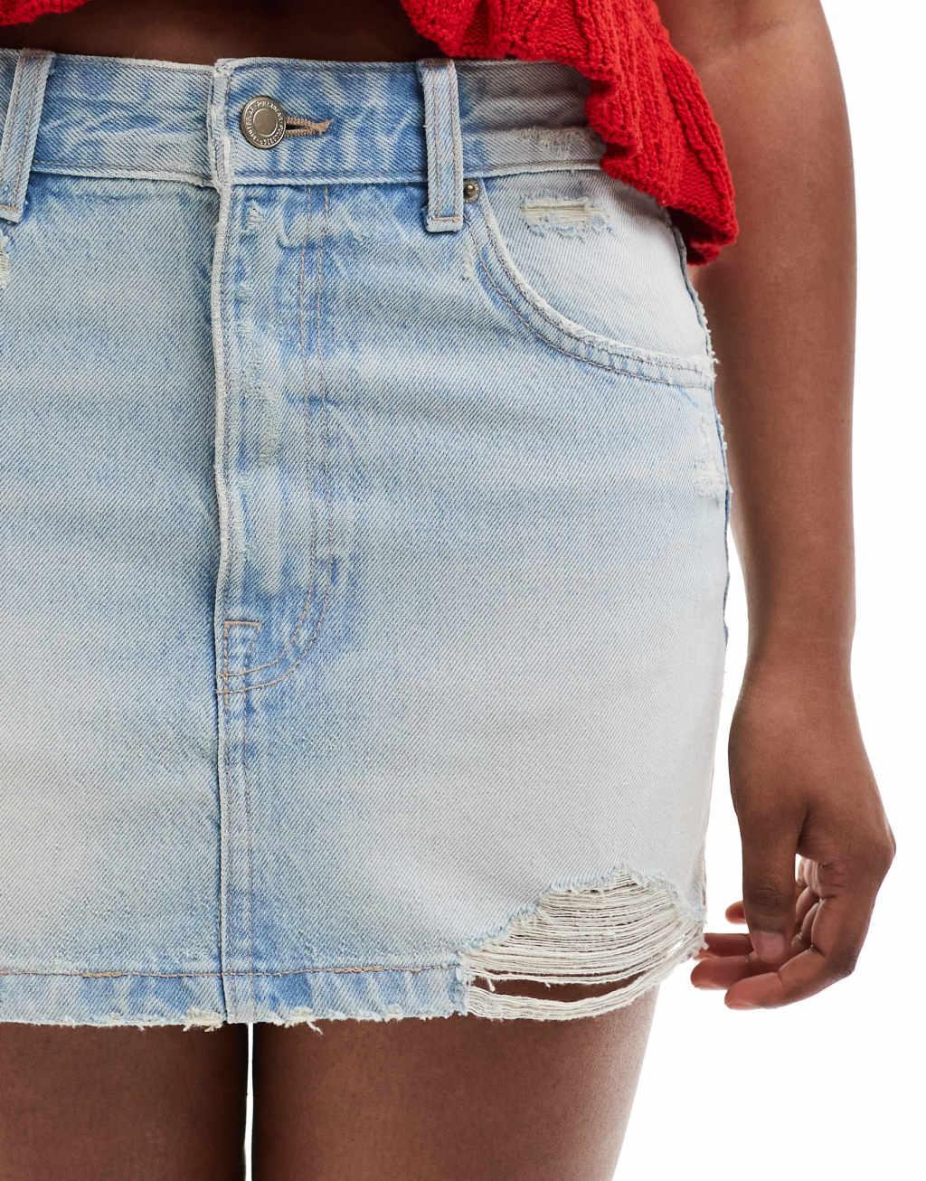 Pull&Bear distressed hem denim mini skirt in light blue Product Image