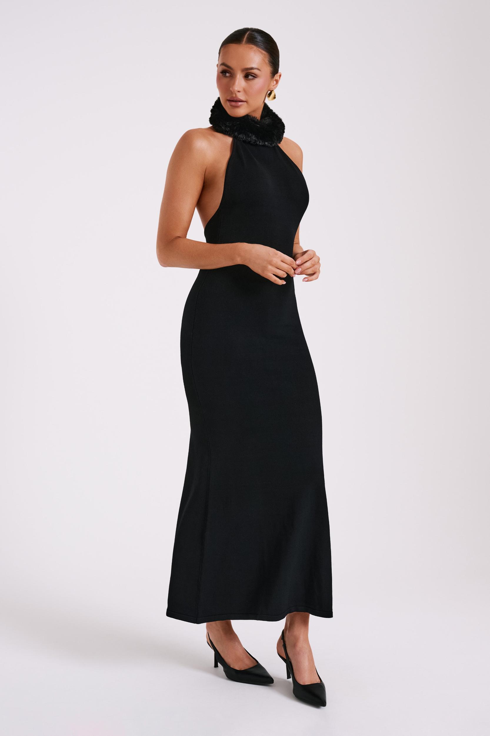 Elva Halter Knit Maxi Dress With Faux Fur - Black Product Image