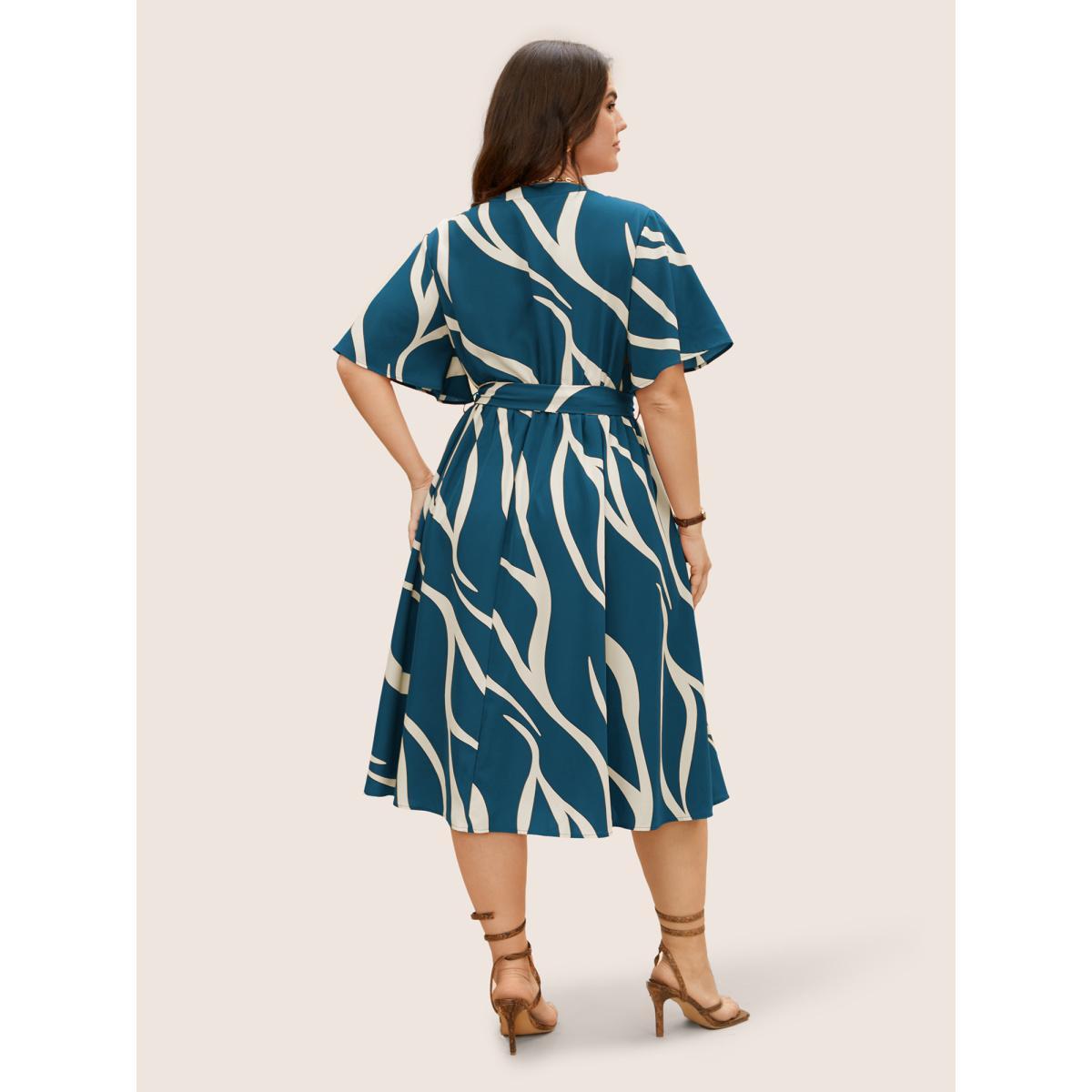 Plus Size Geometric Surplice Neck Tie Knot Midi Dress Aegean Women At the Office Belted Flat collar with V-notch Short sleeve Curvy BloomChic 30/6X Product Image