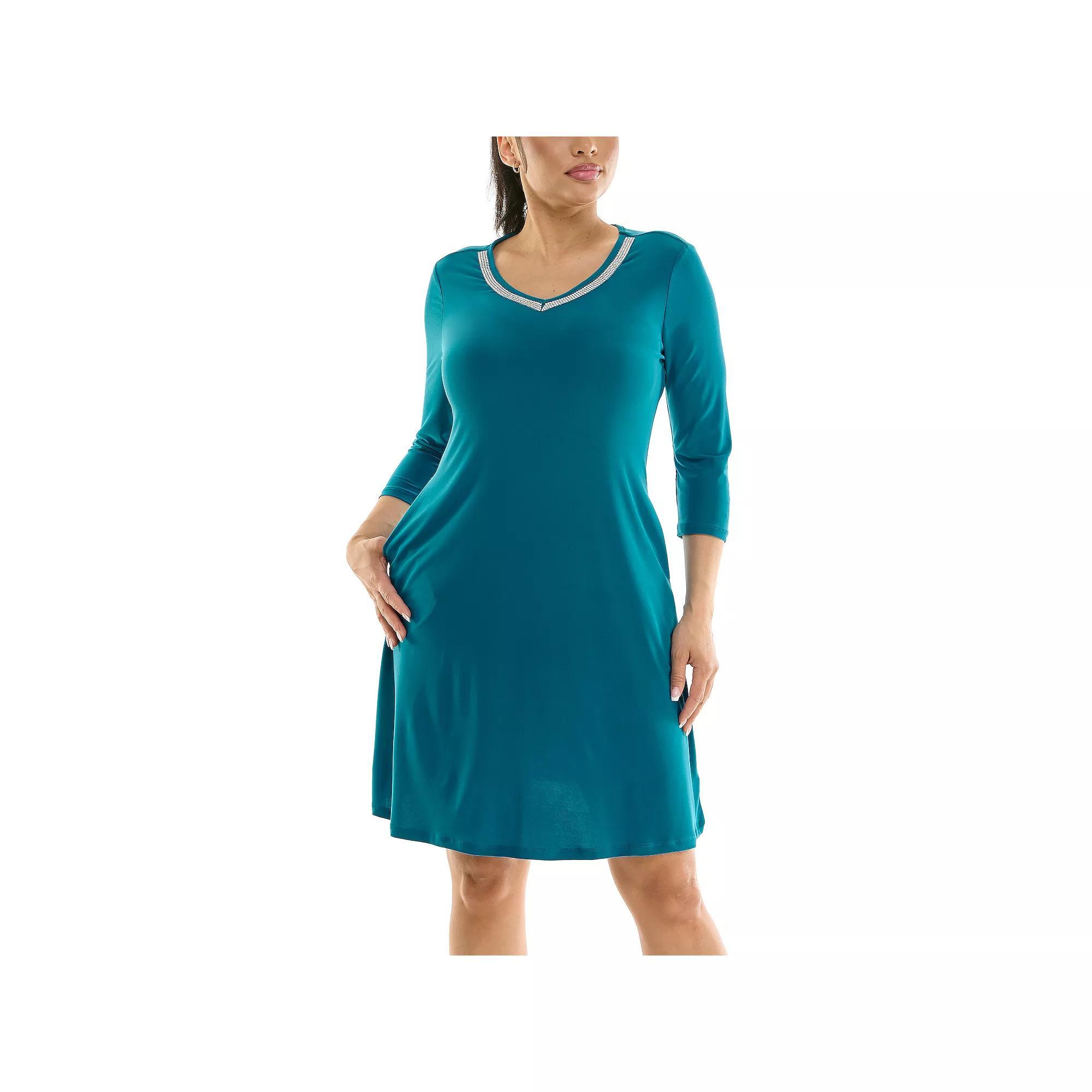 Women's Nina Leonard Necklace Trim Pocket Dress, Size: Large, Crystal Blue Product Image