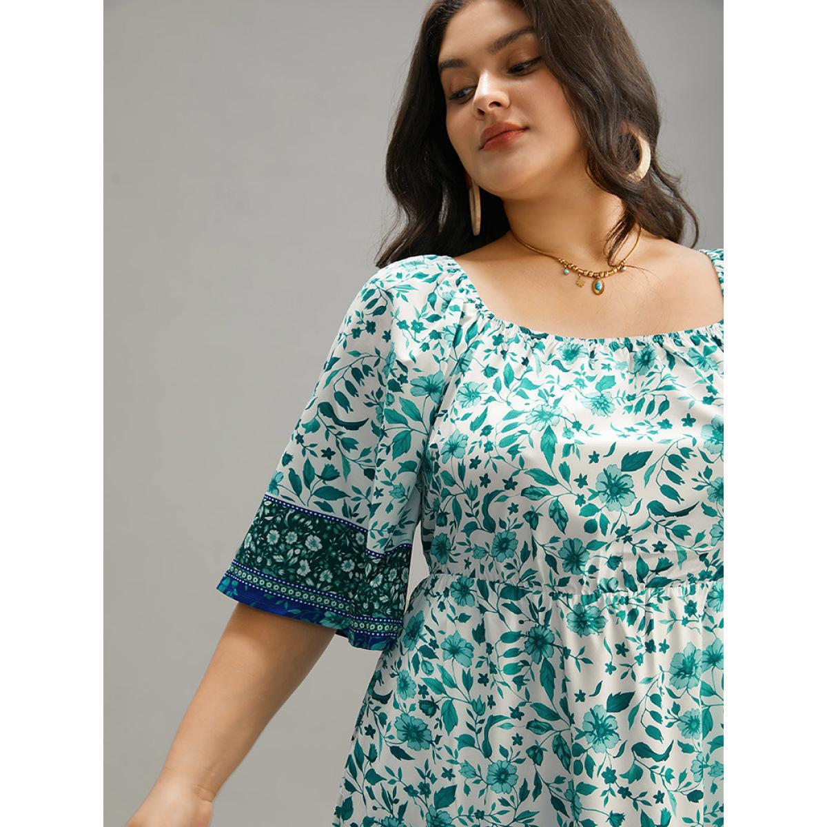 Plus Size Floral Print Patchwork Square Neck Raglan Sleeve Dress Emerald Women Vacation Gathered Square Neck Half Sleeve Curvy Midi Dress BloomChic 10/M Product Image
