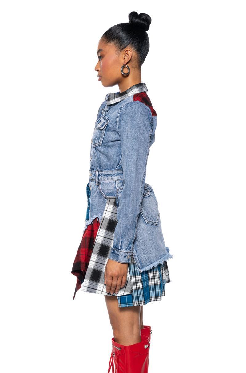 PATCHWORK PLAID DENIM MINI DRESS Product Image