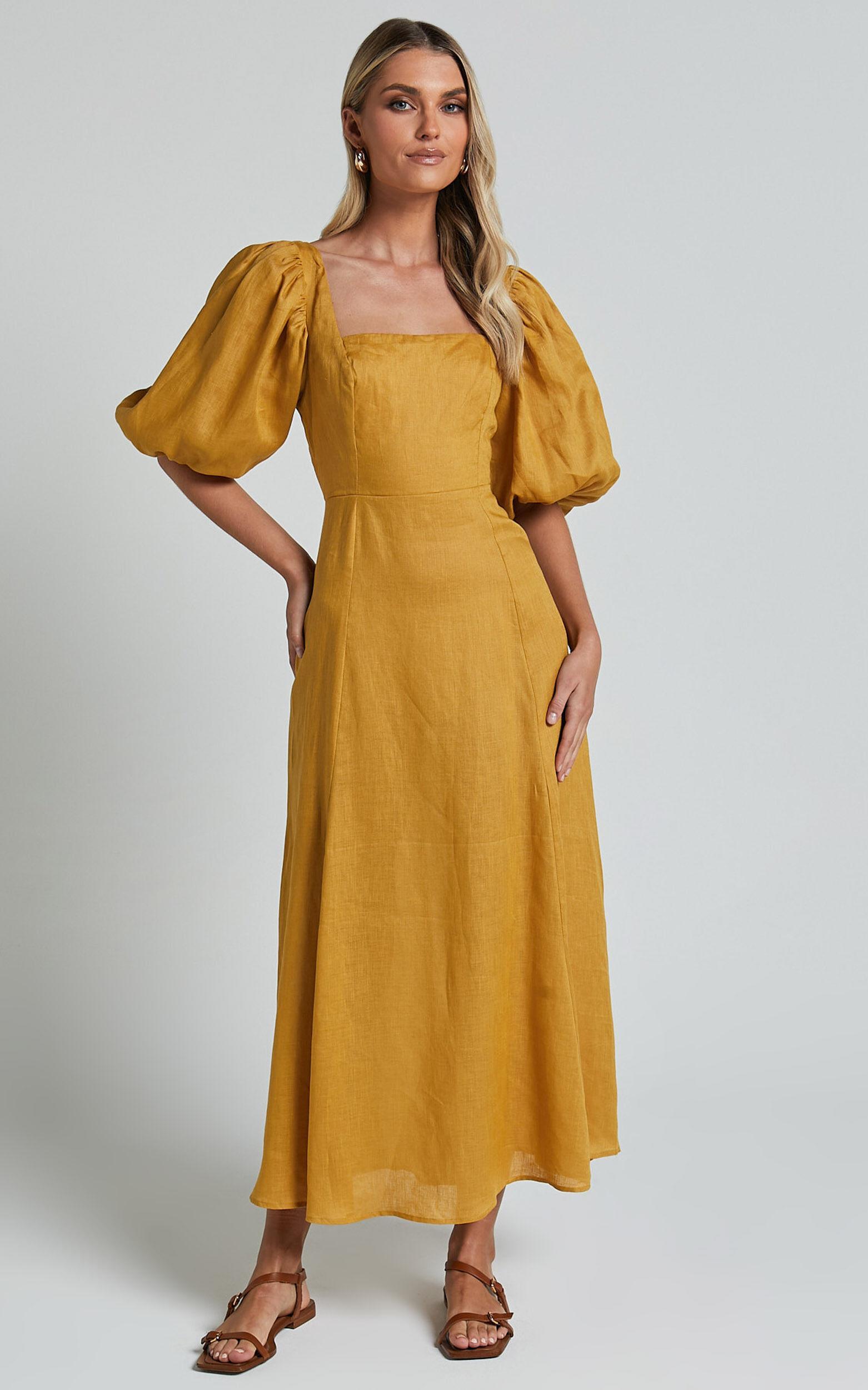 Amalie The Label - Zoya Linen Short Puff Sleeve Backless Maxi Dress in Gold Product Image