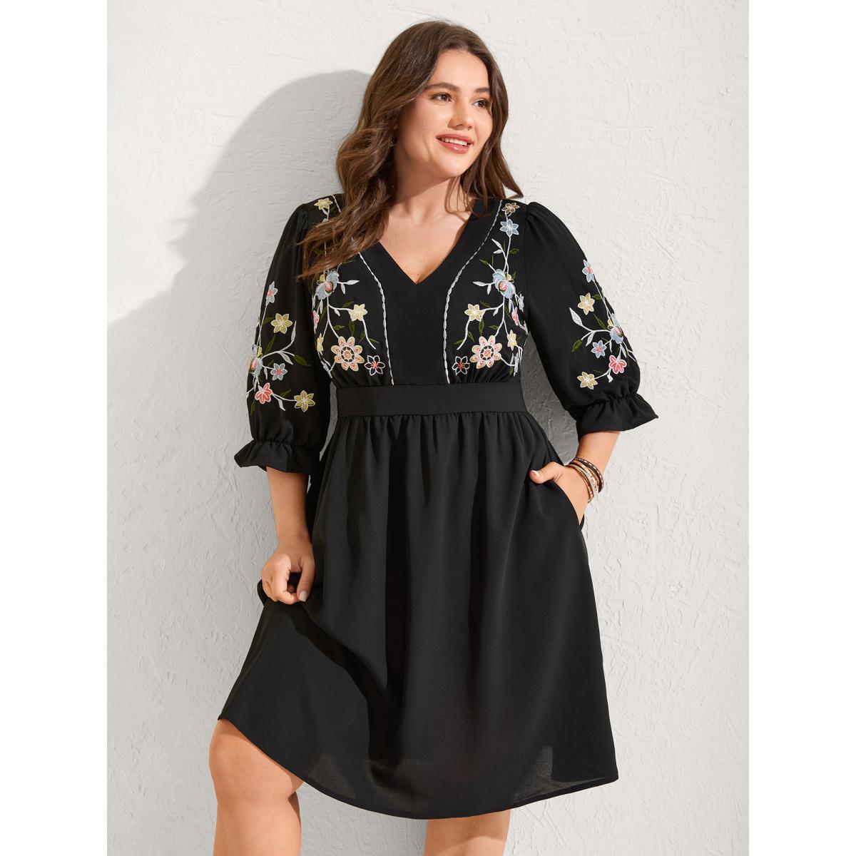Plus Size Floral Embroidered V-Neck Pockets Knee Dress Black Women V-neck Elbow-length sleeve Curvy BloomChic 18-20/2X Product Image