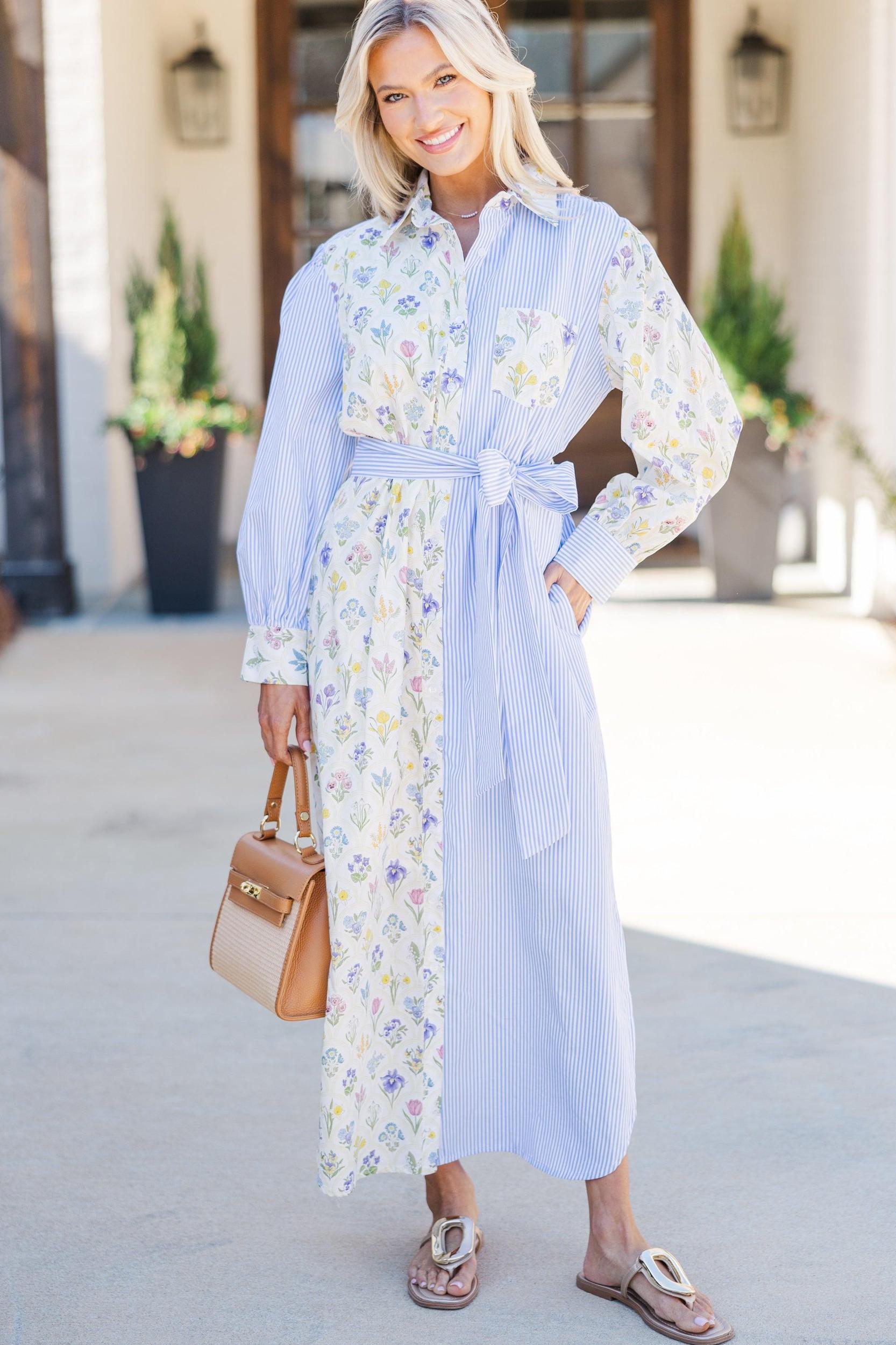 Just A Reminder Blue Mixed Print Midi Dress Female Product Image