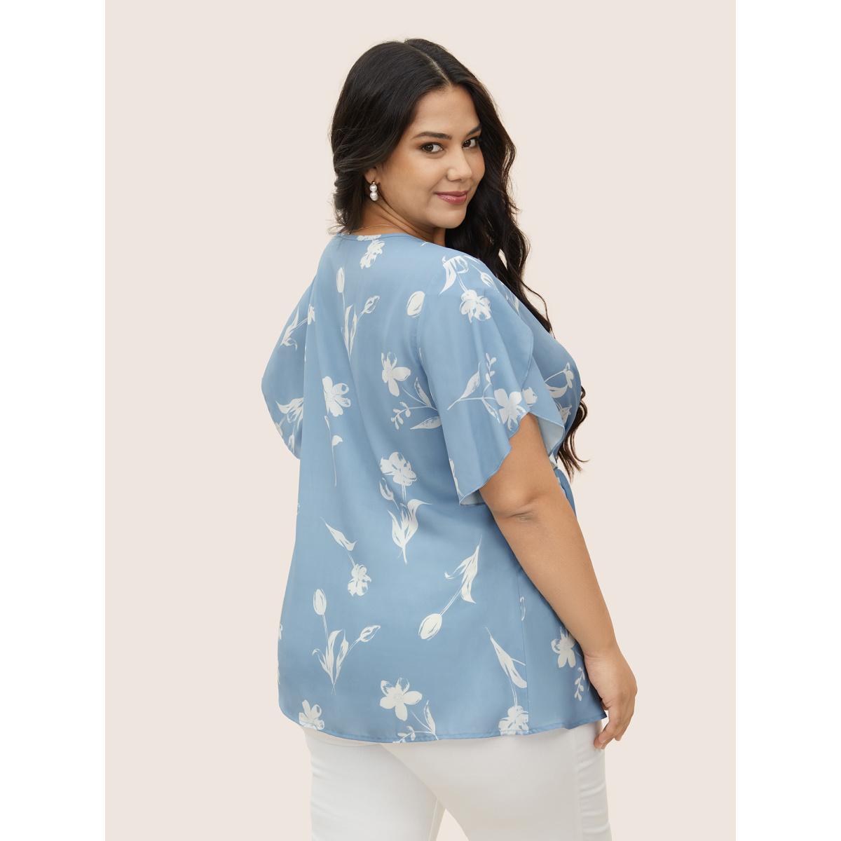 Plus Size Stone Floral Tie Knot Petal Sleeve Blouse Women Elegant Short sleeve V-neck Everyday Blouses BloomChic 22-24/3X Product Image