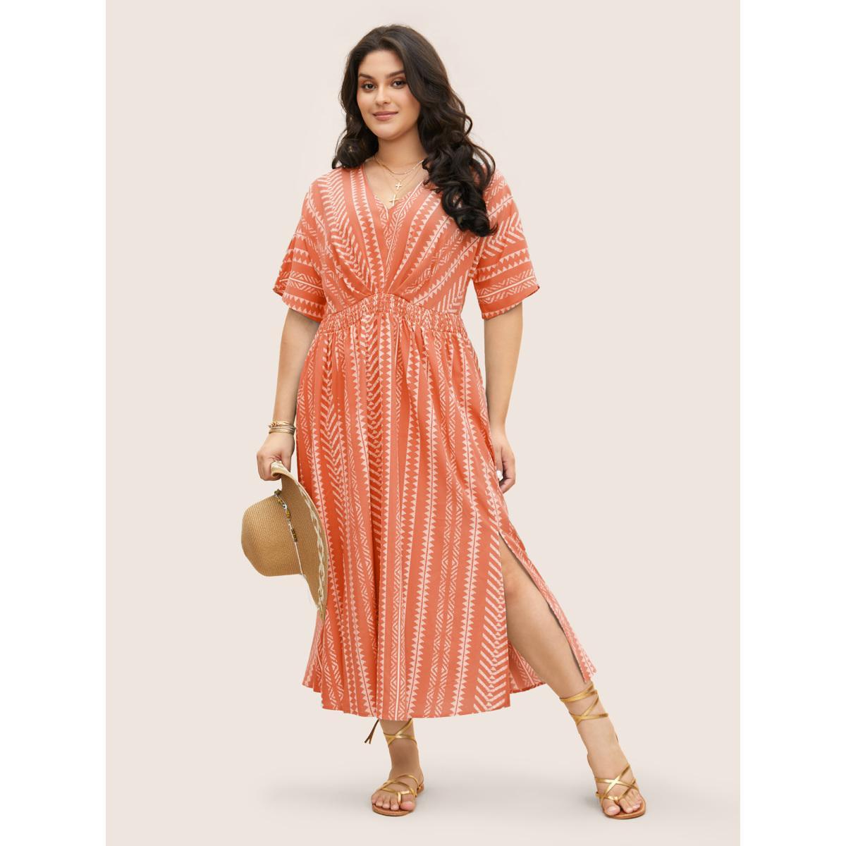 Plus Size Solid Geometric Dolman Sleeve Pocket Shirred Split Hem Dress Salmon Women Resort Non V-neck Half Sleeve Curvy Long Dress BloomChic 10/M Product Image
