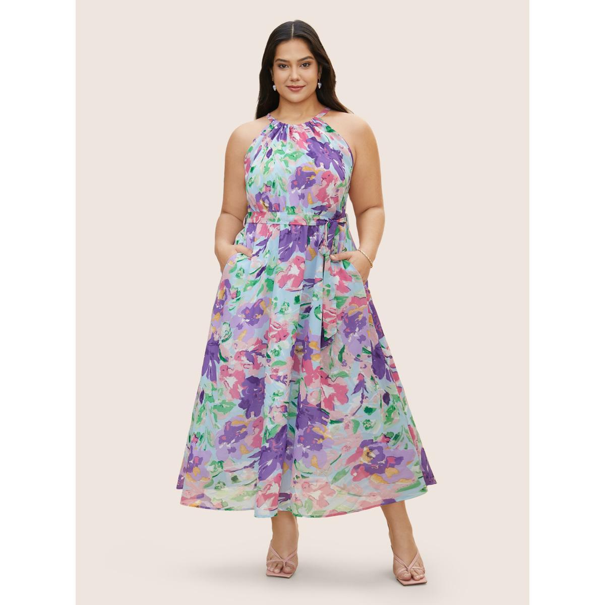 Plus Size Halter Neck Watercolor Floral Belted Dress LightBlue Women Elegant Gathered Halter neck Sleeveless Curvy BloomChic 22-24/3X Product Image
