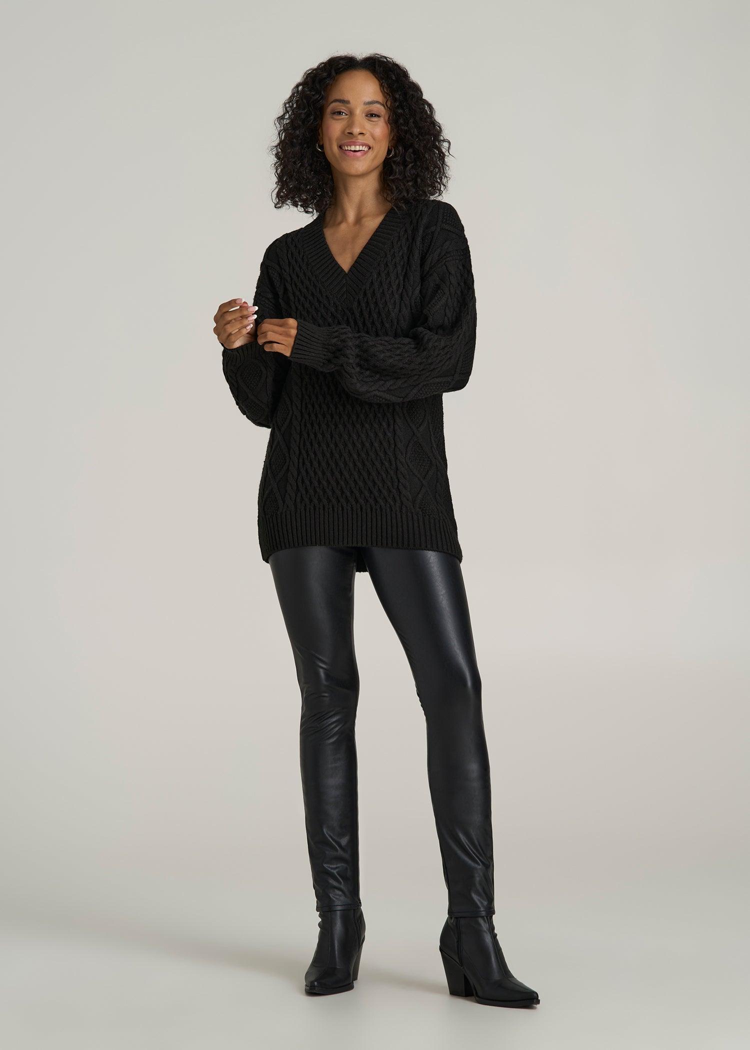 V Neck Cashmere Blend Cable Knit Women's Tall Sweater in Black Product Image