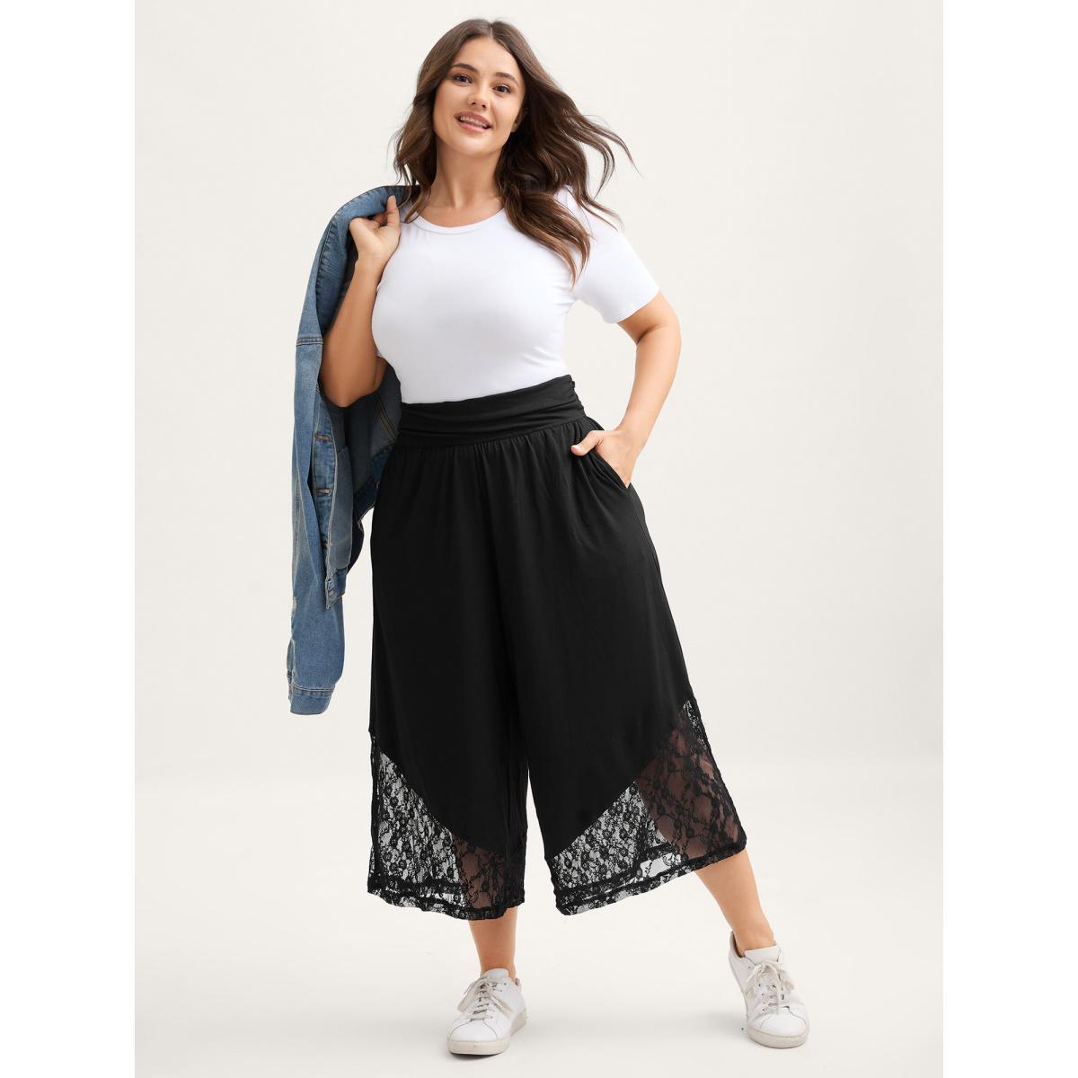Plus Size Wide Waist Sheer Lace Wide-Leg Pants Women Black Casual Loose Mid Rise Everyday-Casual Pants BloomChic 10/M Product Image