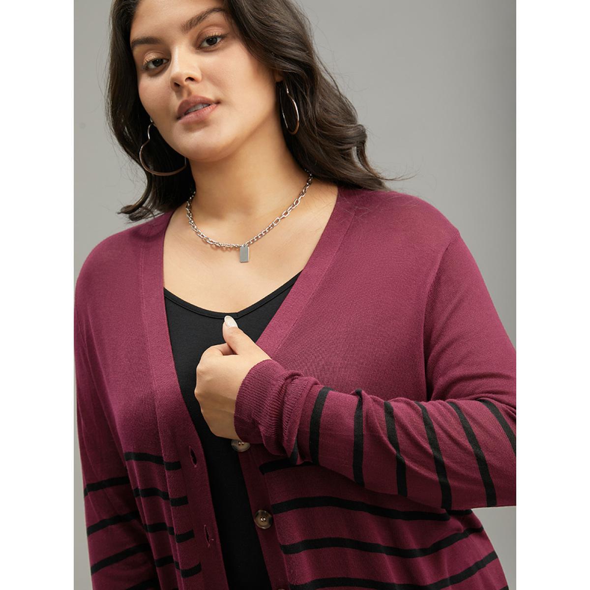 Plus Size Supersoft Essentials Striped Button Fly Tunic Cardigan Burgundy Women Casual Loose Long Sleeve Dailywear Cardigans BloomChic 18-20/2X Product Image