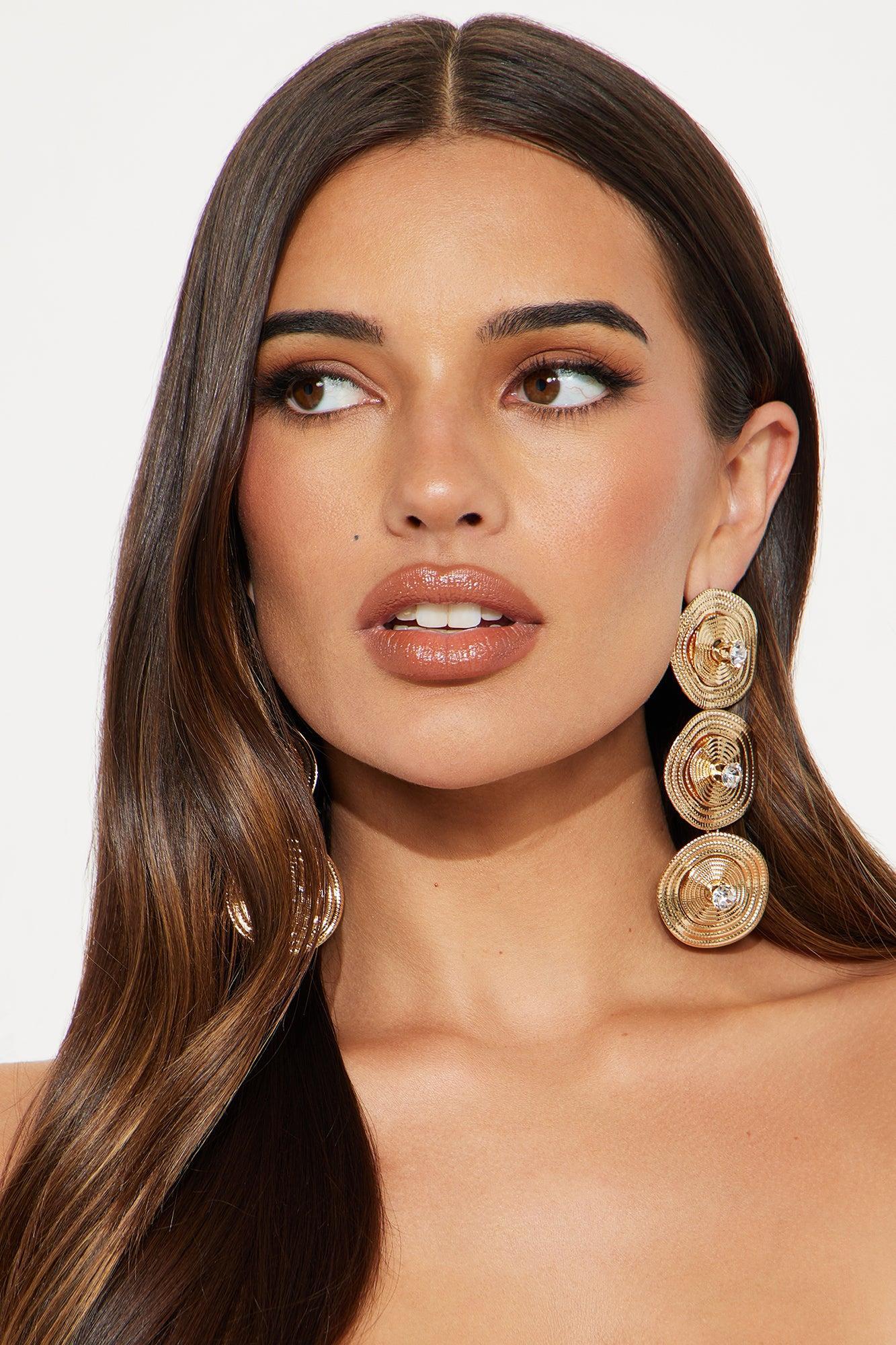 Dani Rhinestone Disk Linear Earrings - Gold Product Image