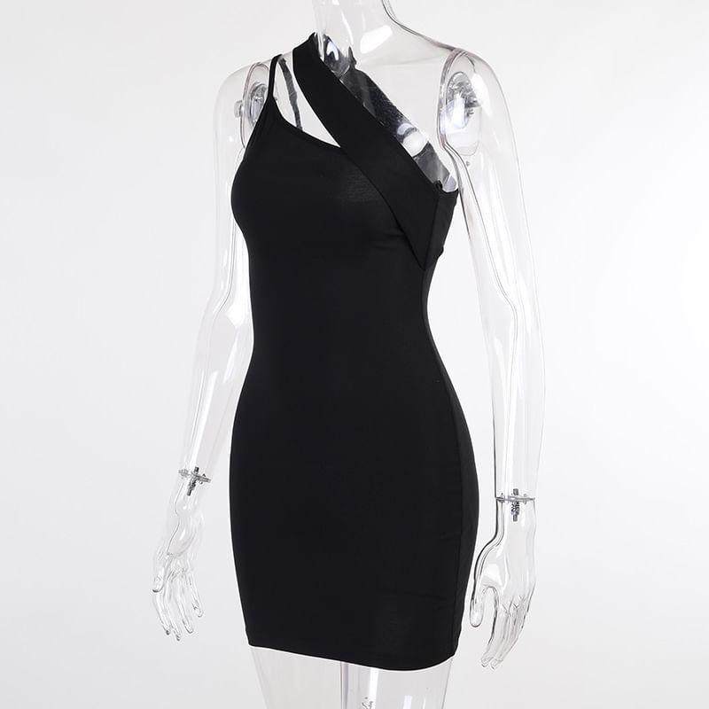 Sleeveless One-Shoulder Plain Asymmetrical Mini Bodycon Dress Product Image