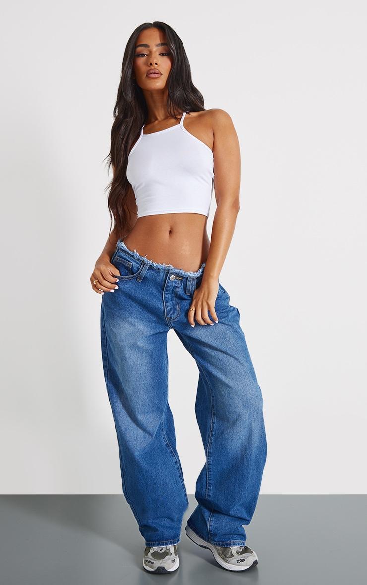 Basic White Cotton Blend Racer Neck Crop Top Product Image
