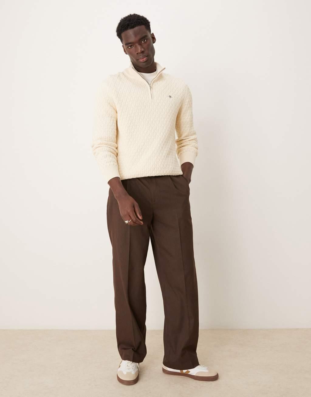 GANT shield logo cotton textured half zip knit sweater in cream Product Image