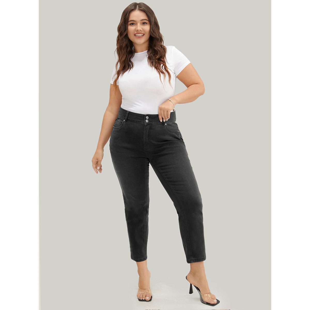 Plus Size Straight Leg Very Stretchy High Rise Dark Wash Jeans Women Gray Casual Plain High stretch Pocket Jeans BloomChic 12/L Product Image