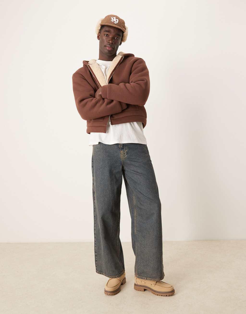 ASOS DESIGN oversized boxy borg lined hoodie in brown Product Image