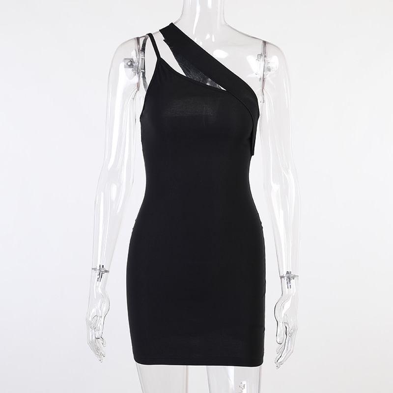 Sleeveless One-Shoulder Plain Asymmetrical Mini Bodycon Dress Product Image