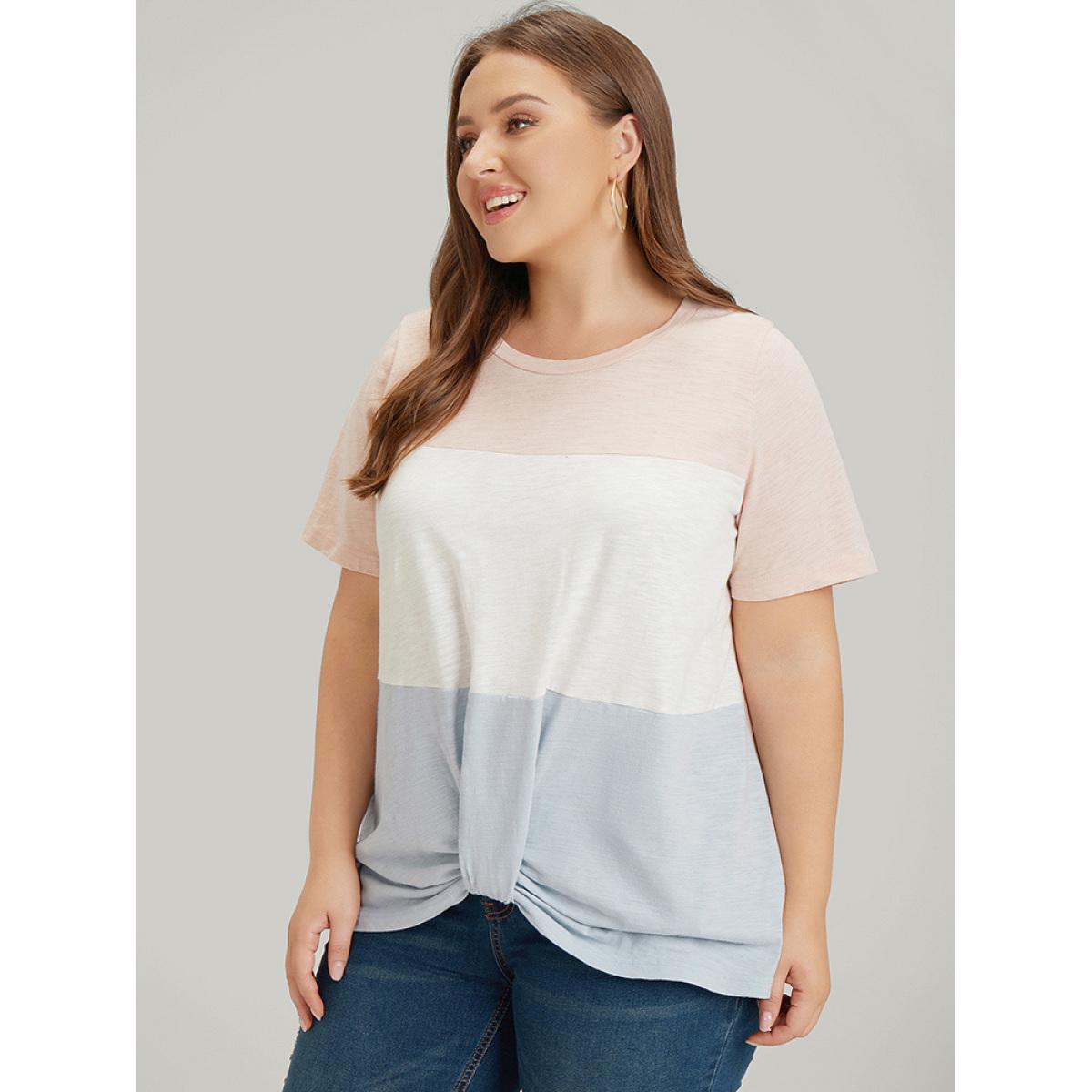 Plus Size Colorblock Contrast Heather Twist Hem T-shirt Multicolor Women Casual Heather Colorblock Round Neck Dailywear T-shirts BloomChic 10/M Product Image