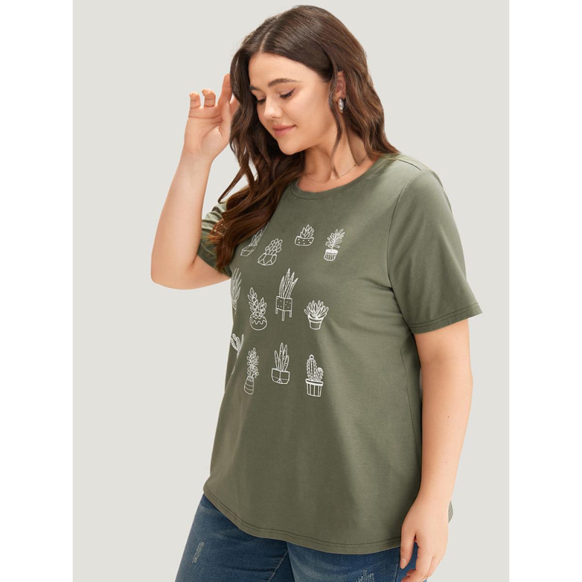 Plus Size Plants Print Round Neck T-shirt ArmyGreen Women Casual Printed Natural Flowers Dailywear T-shirts BloomChic 10/M Product Image