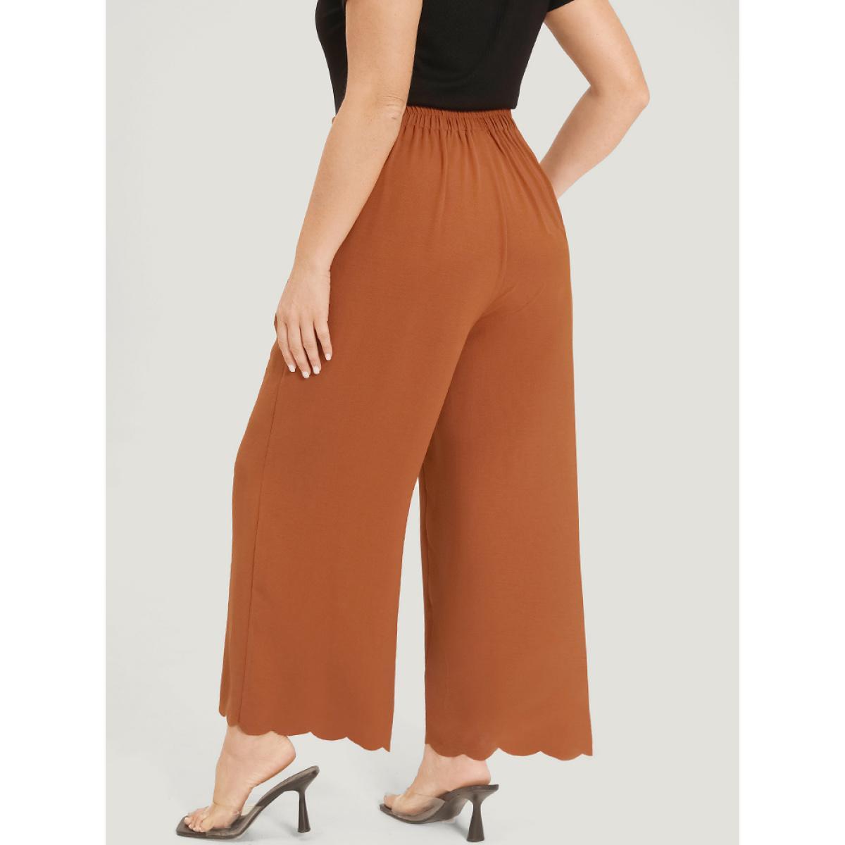 Plus Size Solid Button Detail Ruched Pocket Scalloped Trim Pants Women Rust Elegant Straight Leg High Rise Dailywear Pants BloomChic 14-16/1X Product Image