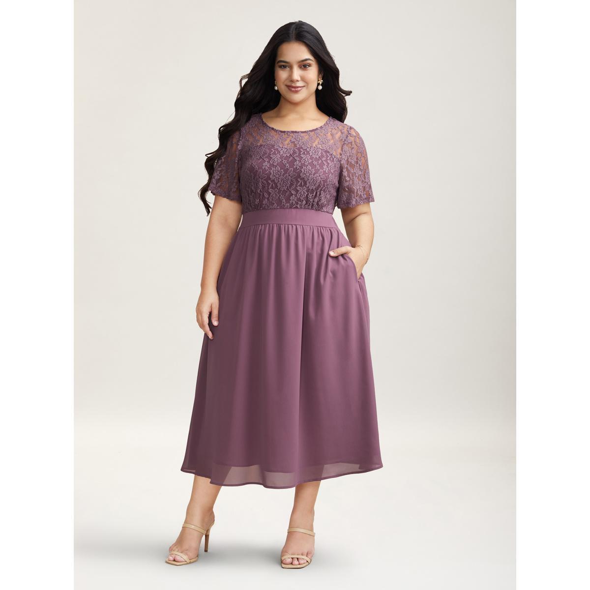 Plus Size Chiffon Lace Waist-Defining Midi Dress Heather Women Elegant Texture Round Neck Short sleeve Curvy BloomChic 22-24/3X Product Image
