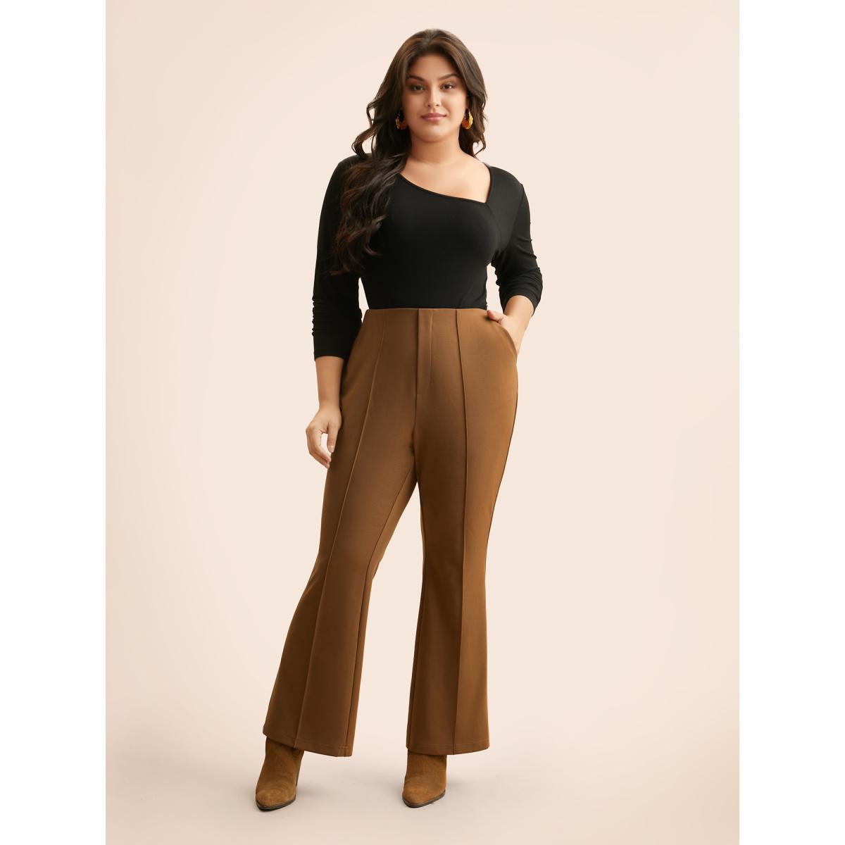 Plus Size Solid Seam Detail Flare Leg Pants Women Yellowishbrown Elegant Flare Leg Mid Rise Everyday Pants BloomChic 12/L Product Image