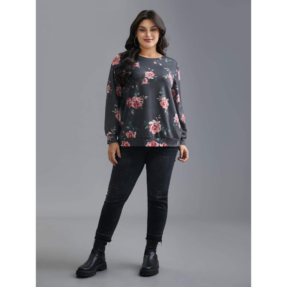 Plus Size Stretchy Floral Paint Sweatshirt Women BlackFlower Casual Contrast Round Neck Everyday Sweatshirts BloomChic 12/L Product Image