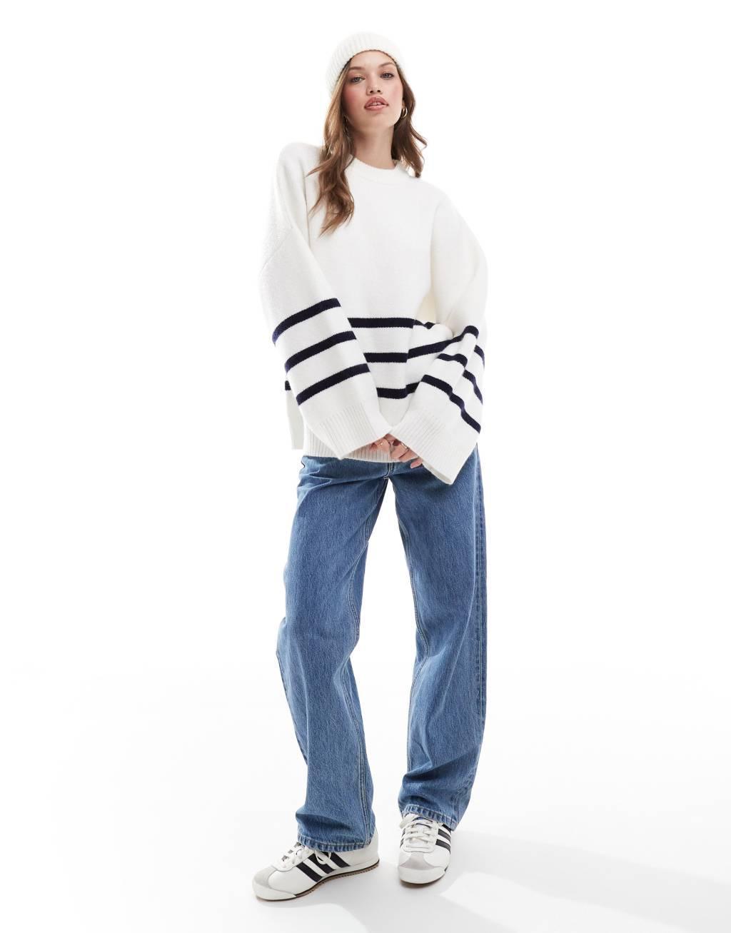 Pretty Lavish crew neck stripe knit sweater in white Product Image