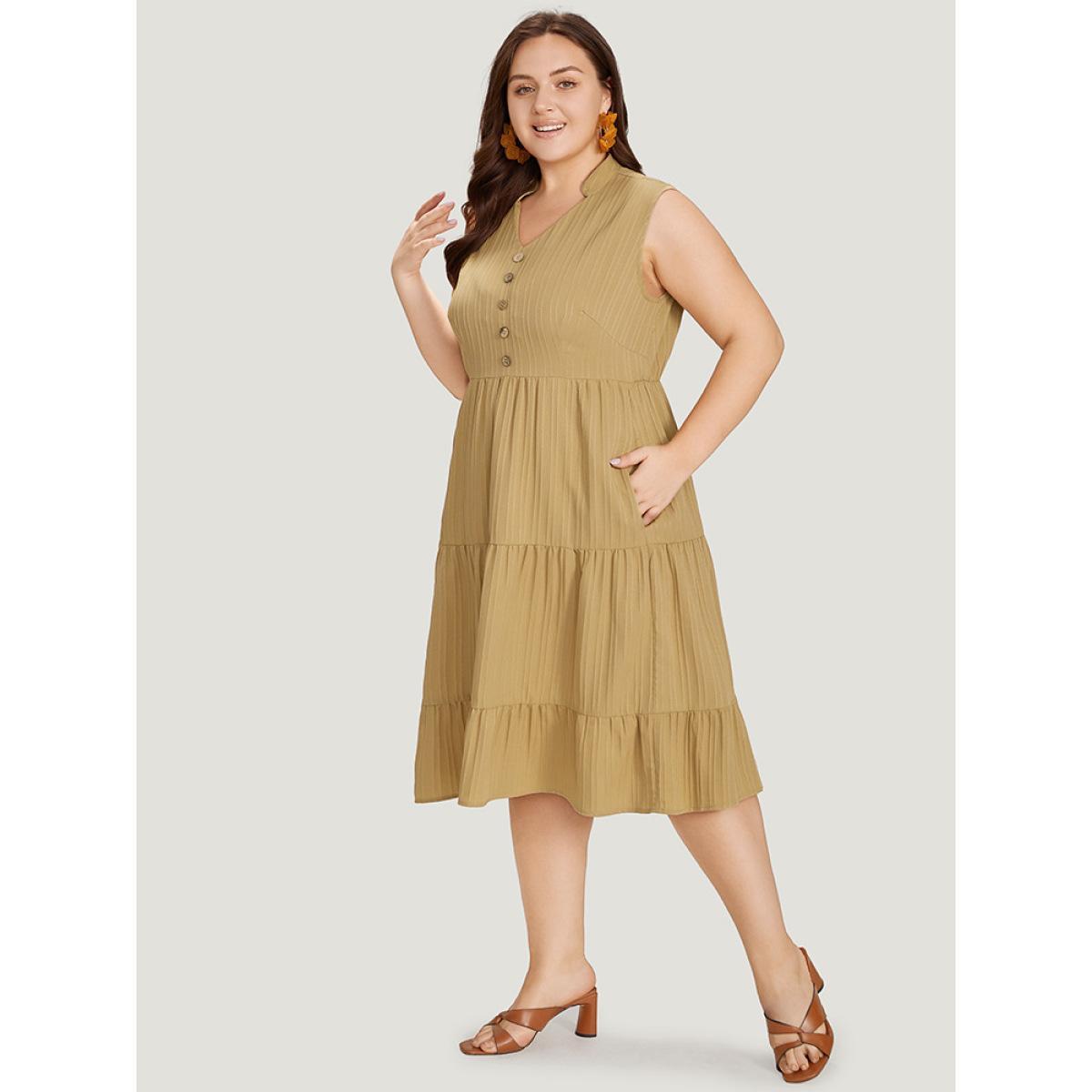 Plus Size Textured Button Detail Ruffle Layered Hem Sleeveless Dress LightBrown Women Elegant Button Stand-up collar Sleeveless Curvy Midi Dress BloomChic 22-24/3X Product Image