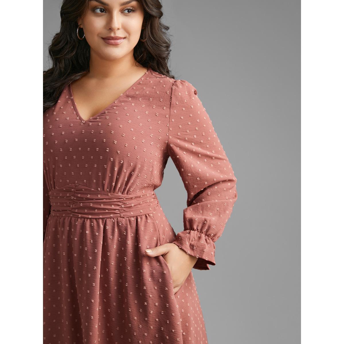 Plus Size Solid Texture Ruffles Shirred Gathered Dress DustyPink Women Elegant Texture V-neck Long Sleeve Curvy BloomChic 14-16/1X Product Image